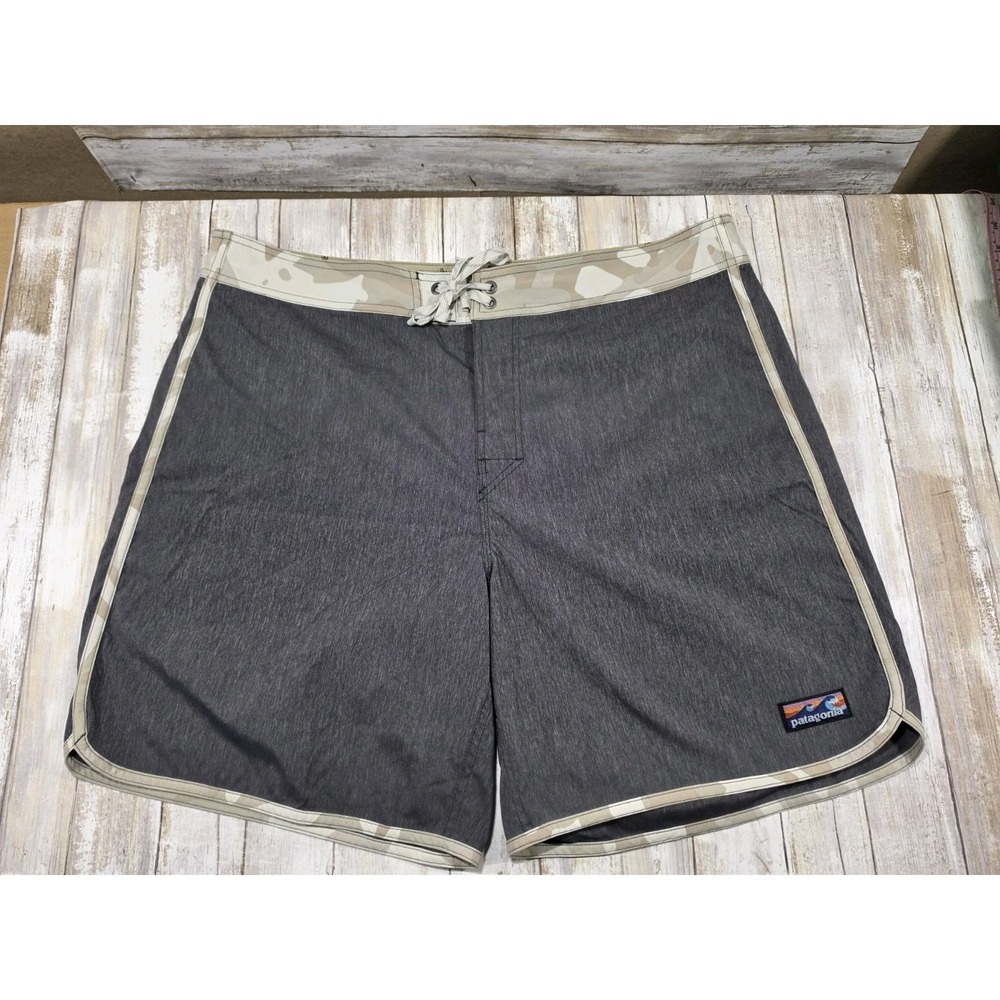 Patagonia Mens Board Shorts Size 38 Gray Camo Trim Swim Trunks